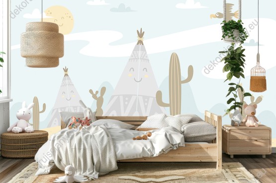 Wizualizacja fototapety do pokoju dziecięcego z motywem indiańskim. Namioty tipi na piaskach pustyni wśród kaktusów, na tle błękitnego nieba.