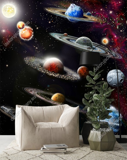 Wizualizacja fototapety do pokoju dziennego, dziecięcego, młodzieżowego, sypialni, salonu, biura. Fototapeta z motywem kosmicznym przedstawiająca różne planety z systemem pierścieniowym.