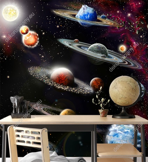 Wizualizacja fototapety do pokoju dziennego, dziecięcego, młodzieżowego, sypialni, salonu, biura. Fototapeta z motywem kosmicznym przedstawiająca różne planety z systemem pierścieniowym.