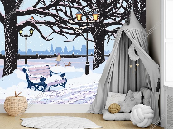 Wizualizacja fototapety do pokoju dziennego, dziecięcego, młodzieżowego, sypialni, salonu, biura z zimową aurą. Piękny krajobraz ośnieżonego parku miejskiego z ławką pod drzewami, padającym śniegiem i dzieckiem spacerującym z psem w tle.