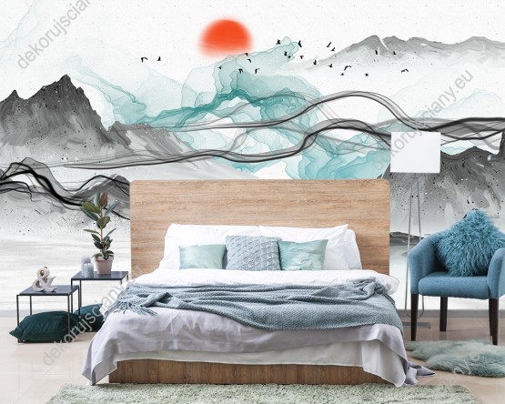 Wizualizacja fototapety z widokiem na malowane jezioro oraz zamglone szczyty górskie o zachodzie słońca. Fototapeta do pokoju dziennego, dziecięcego, młodzieżowego, salonu, biura, gabinetu, sypialni, przedpokoju i jadalni.