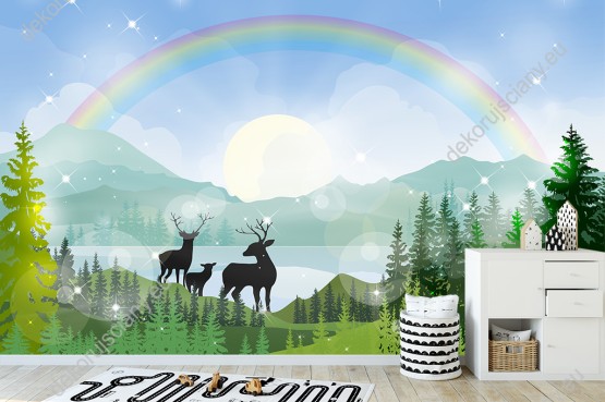 Wizualizacja fototapety piękny krajobraz z widokiem na zielony las i jelenie na tle jeziora i gór oraz barwnej tęczy na niebie. Fototapeta do pokoju dziennego, dziecięcego, młodzieżowego, biura, sypialni, salonu.