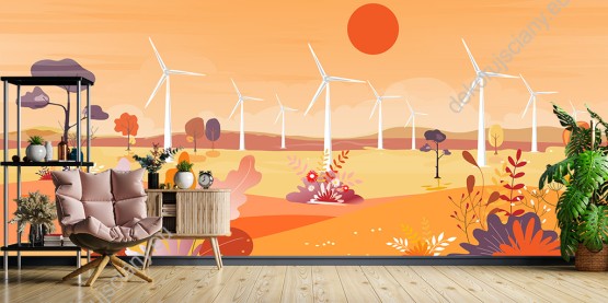 Wizualizacja fototapety, piękny widok na pole z wiatrakami i barwnymi jesiennymi liśćmi w odcieniach pomarańczowych. Fototapeta do pokoju dziennego, dziecięcego, młodzieżowego, sypialni, salonu, biura.