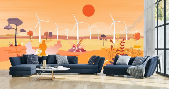 Wizualizacja fototapety, piękny widok na pole z wiatrakami i barwnymi jesiennymi liśćmi w odcieniach pomarańczowych. Fototapeta do pokoju dziennego, dziecięcego, młodzieżowego, sypialni, salonu, biura.