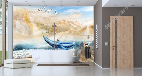 Wizualizacja fototapety przedstawia niebieską łódź z latarnią niesioną przez wzburzone, morskie fale, między malowniczymi górami i stado lecących żurawi na niebie. Fototapeta do pokoju dziennego, dziecięcego, młodzieżowego, sypialni, salonu, biura.
