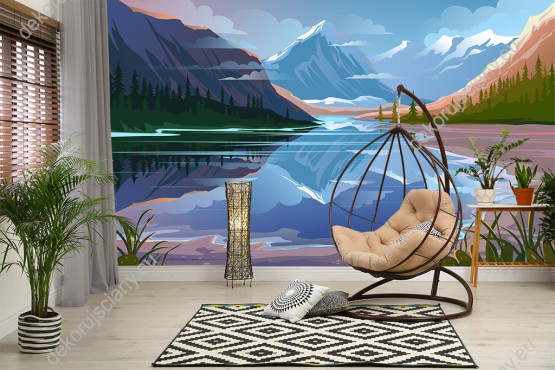 Wizualizacja fototapety, piękny krajobraz jeziora otoczonego lasem i ośnieżonymi szczytami górskimi. Fototapeta do pokoju dziennego, dziecięcego, młodzieżowego, sypialni, salonu.