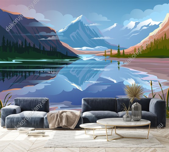 Wizualizacja fototapety, piękny krajobraz jeziora otoczonego lasem i ośnieżonymi szczytami górskimi. Fototapeta do pokoju dziennego, dziecięcego, młodzieżowego, sypialni, salonu.