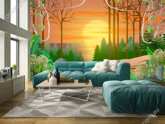 Wizualizacja fototapety, krajobraz z widokiem lasu na tropikalnej wyspie, o wschodzie słońca. Fototapeta do pokoju dziennego, dziecięcego, młodzieżowego, biura, sypialni, salonu.