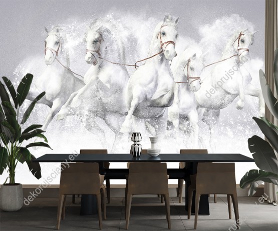 Wizualizacja fototapety do pokoju dziennego, dziecięcego, młodzieżowego, sypialni, salonu, biura. Fototapeta przedstawia białe konie galopujące w śniegu.