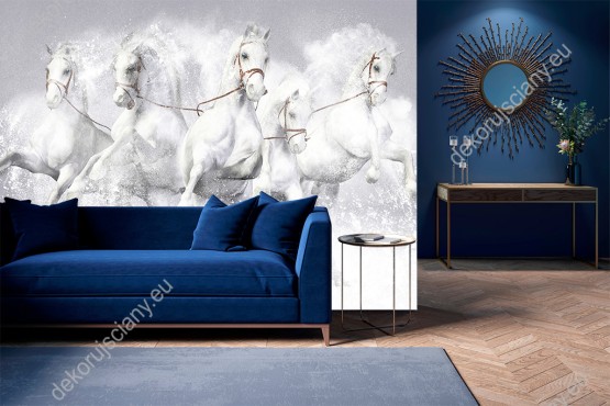 Wizualizacja fototapety do pokoju dziennego, dziecięcego, młodzieżowego, sypialni, salonu, biura. Fototapeta przedstawia białe konie galopujące w śniegu.