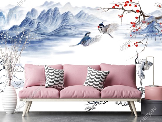Wizualizacja fototapety z widokiem na ptaki jedzące czerwone owoce z gałęzi drzewa, na tle malowanych gór. Fototapeta do pokoju dziennego, dziecięcego, młodzieżowego, sypialni, salonu, biura.