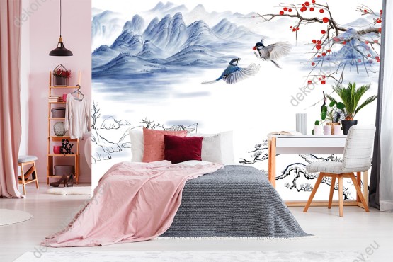 Wizualizacja fototapety z widokiem na ptaki jedzące czerwone owoce z gałęzi drzewa, na tle malowanych gór. Fototapeta do pokoju dziennego, dziecięcego, młodzieżowego, sypialni, salonu, biura.