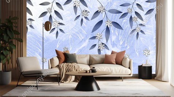 Wizualizacja fototapety do pokoju młodzieżowego, dziennego, sypialni, salonu przedstawiająca cienkie gałązki z liśćmi na niebieskim, malowanym tle i duże płatki śniegu.