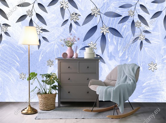 Wizualizacja fototapety do pokoju młodzieżowego, dziennego, sypialni, salonu przedstawiająca cienkie gałązki z liśćmi na niebieskim, malowanym tle i duże płatki śniegu.