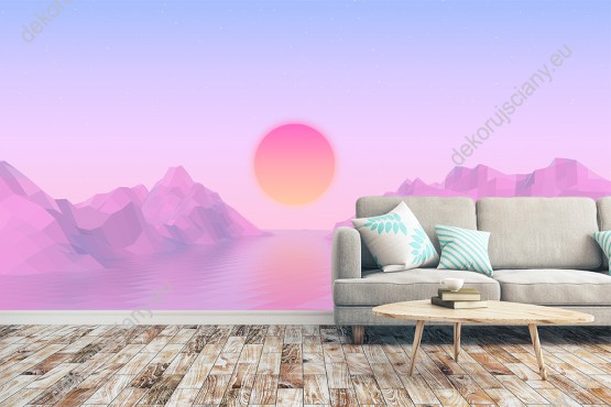 Wizualizacja fototapety, krajobraz ze słońcem wstającym nad różowymi górami i morzem, na spokojnym, różowo-błękitnym tle. Fototapeta do pokoju dziennego, dziecięcego, młodzieżowego, sypialni, salonu, biura.