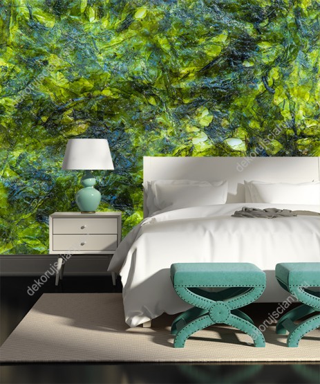 Wizualizacja fototapety z efektownymi, zielonymi roślinami alg morskich. Fototapeta do pokoju dziennego, salonu, biura, gabinetu, sypialni, przedpokoju i jadalni.