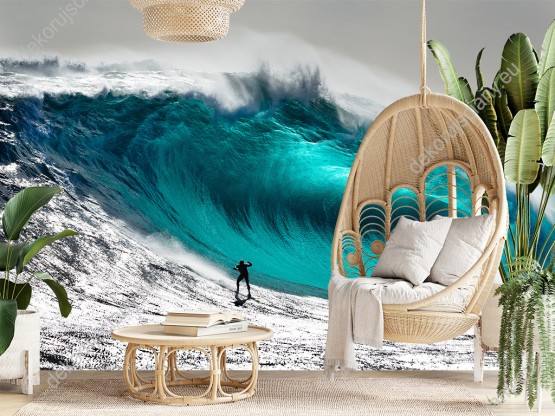 Wizualizacja fototapety przedstawia surfera na turkusowej fali. Fototapeta do pokoju dziennego, młodzieżowego salonu, biura, gabinetu, sypialni, przedpokoju i jadalni.