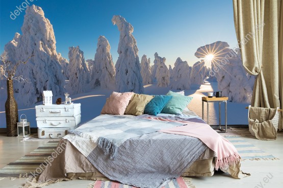 Wizualizacja fototapety w zimowej aurze z ośnieżonymi drzewami w promieniach wschodzącego słońca. Fototapeta do pokoju dziennego, salonu, biura, gabinetu, sypialni, przedpokoju i jadalni.