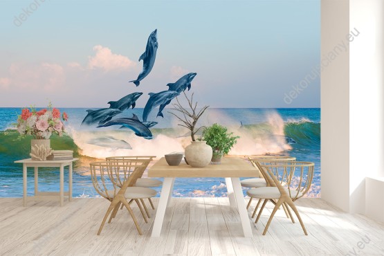Wizualizacja fototapety do pokoju dziennego, dziecięcego, młodzieżowego, sypialni, salonu, biura. Fototapeta przedstawia delfiny skaczące nad wodami oceanu.
