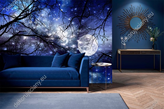 Wizualizacja fototapety do pokoju dziennego, dziecięcego, młodzieżowego, sypialni, salonu, biura. Piękna fototapeta z widokiem na błyszczący księżyc w pełni i rozgwieżdżone nocne niebo między gałęziami drzew.