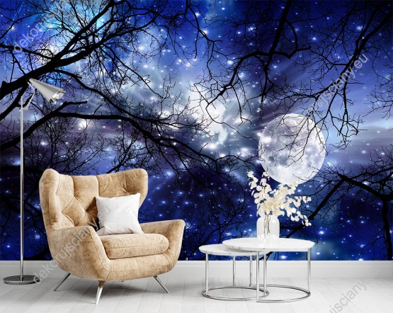 Wizualizacja fototapety do pokoju dziennego, dziecięcego, młodzieżowego, sypialni, salonu, biura. Piękna fototapeta z widokiem na błyszczący księżyc w pełni i rozgwieżdżone nocne niebo między gałęziami drzew.