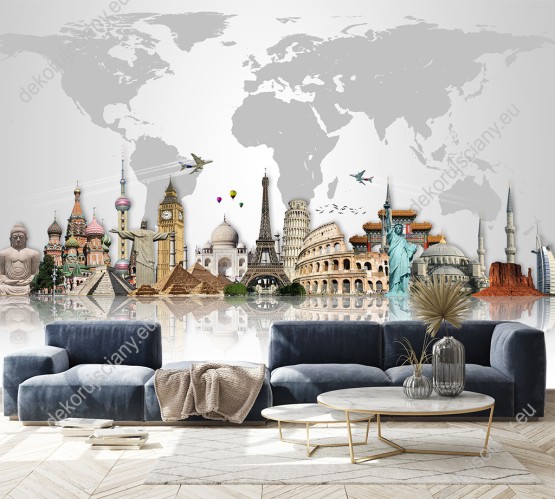 Wizualizacja fototapety do pokoju dziecięcego, młodzieżowego, sypialni, salonu lub biura prezentująca podróż do koła świata, mapę i znane zabytki różnych krajów.