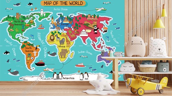 Wizualizacja fototapety do pokoju dziecięcego przedstawiająca kolorową mapę świata ze zwierzętami i charakterystycznymi elementami różnych krajów.