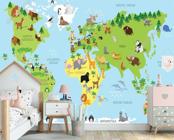 Wizualizacja fototapety do pokoju dziecięcego przedstawiająca kolorową mapę świata ze zwierzętami, ze wszystkich kontynentów.