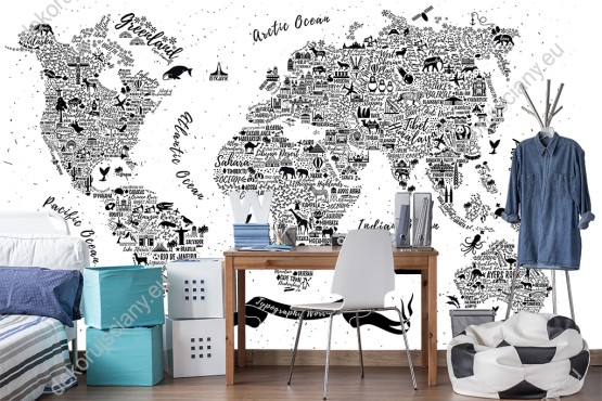 Wizualizacja czarno-białej fototapety z typograficzną mapą świata. Fototapeta do pokoju dziecięcego, młodzieżowego, biura, sypiali.