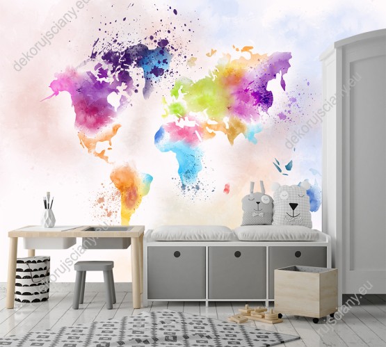 Wizualizacja fototapety do pokoju dziecięcego i młodzieżowego z abstrakcyjną mapą świata malowaną akwarelą.