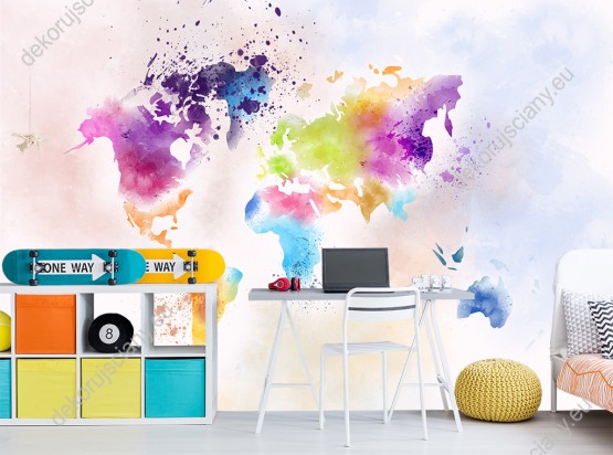 Wizualizacja fototapety do pokoju dziecięcego i młodzieżowego z abstrakcyjną mapą świata malowaną akwarelą.