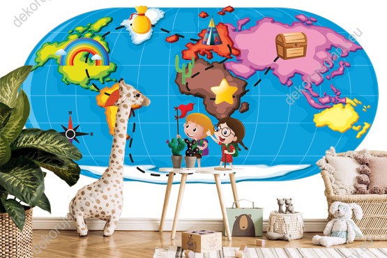 Wizualizacja fototapety do pokoju dziecięcego przedstawiająca kolorową mapę i dzieci podróżujące przez świat.