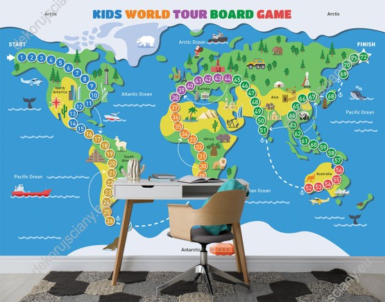 Wizualizacja fototapety do pokoju dziecięcego z grą planszową prezentującą podróż przez kontynenty i oceany na mapie świata.