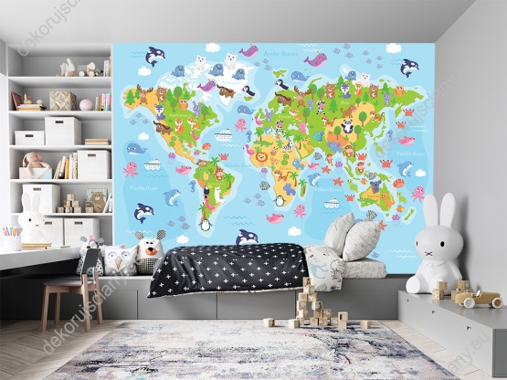 Wizualizacja fototapety do pokoju dziecięcego przedstawiająca mapę świata z kolorowymi zwierzętami wszystkich kontynentów, na tle mórz i oceanów.