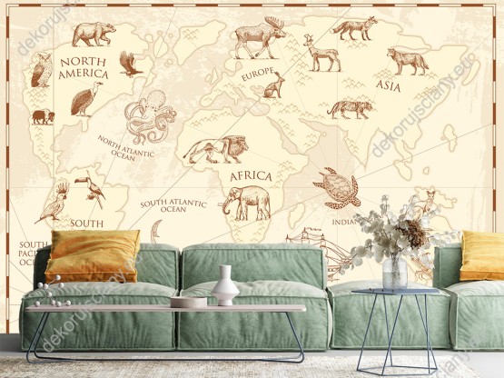 Wizualizacja fototapety do pokoju dziennego, dziecięcego, młodzieżowego, sypialni, salonu, biura. Na fototapecie mapa świata w stylu vintige ze zwierzętami pięknie zdobi ścianę.
