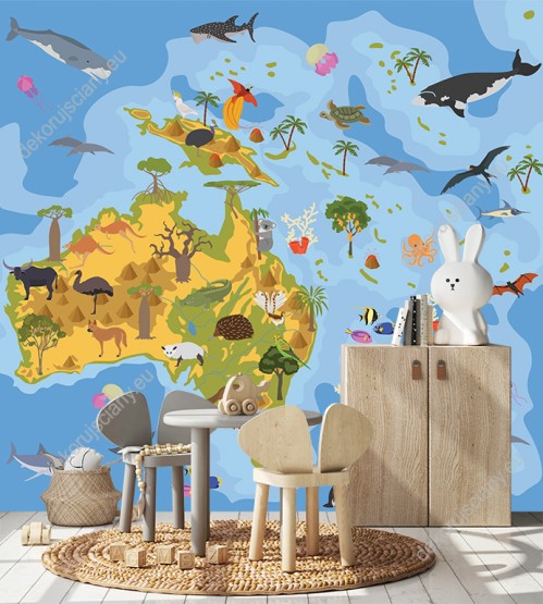 Wizualizacja fototapety do pokoju dziecięcego i młodzieżowego. Fototapeta przedstawia mapę Australii i Oceanii z kolorowymi zwierzętami i roślinami.