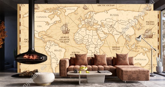 Wizualizacja fototapety do pokoju dziecięcego, młodzieżowego, sypialni lub biura przedstawiająca starą mapę świata w stylu vintige.