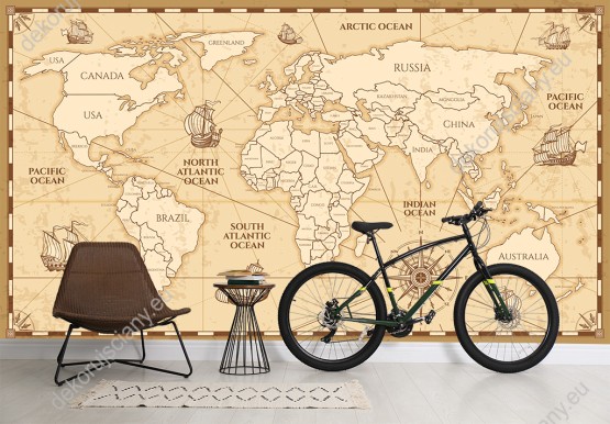 Wizualizacja fototapety do pokoju dziecięcego, młodzieżowego, sypialni lub biura przedstawiająca starą mapę świata w stylu vintige.