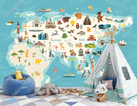 Wizualizacja fototapety do pokoju dziecięcego przedstawiająca mapę Eurazji ze zwierzętami i ważnymi elementami różnych krajów, na błękitnym tle mórz i oceanów.