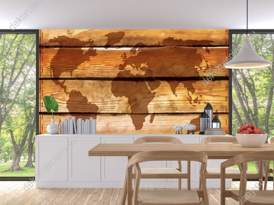 Wizualizacja fototapety przedstawia mapę świata na drewnianych deskach. Fototapeta do pokoju dziennego, młodzieżowego, sypialni, salonu, biura, gabinetu, przedpokoju i jadalni.