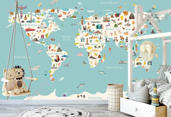 Wizualizacja fototapety do pokoju dziecięcego przedstawiająca kolorową mapę świata ze zwierzętami i charakterystycznymi elementami różnych krajów, na błękitnym tle mórz i oceanów.