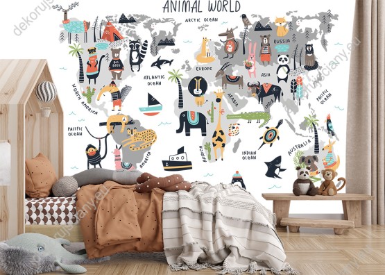 Wizualizacja fototapety do pokoju dziecięcego i młodzieżowego przedstawiająca mapę świata i różnorodne zwierzęta wszystkich kontynentów, na białym tle.