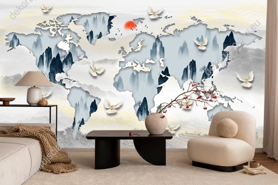 Wizualizacja fototapety, mapa świata na jasnym tle z abstrakcyjnymi górskimi szczytami i białymi gołębiami. Fototapeta do pokoju dziecięcego, dziennego, młodzieżowego, sypialni, salonu, biura.