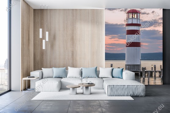 Wizualizacja fototapety z widokiem na latarnię nad malowniczym jeziorem w Austrii. Fototapeta do pokoju dziennego, salonu, biura, gabinetu, sypialni, przedpokoju i jadalni.