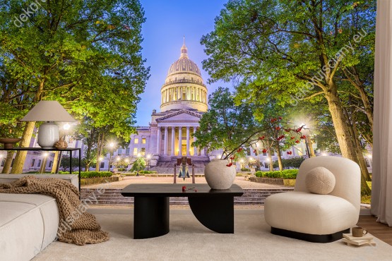 Wizualizacja fototapety z widokiem na Kapitol w Stanie Wirginia ukryty za zielonymi drzewami. Fototapeta do pokoju dziennego, salonu, biura, gabinetu, sypialni, przedpokoju i jadalni. Fototapeta optycznie powiększa pomieszczenie.