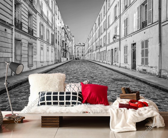 Wizualizacja czarno-białej fototapety z widokiem na paryską uliczkę. Fototapeta optycznie powiększa pomieszczenie. Fototapeta do pokoju dziennego, salonu, biura, gabinetu, sypialni, przedpokoju i jadalni.