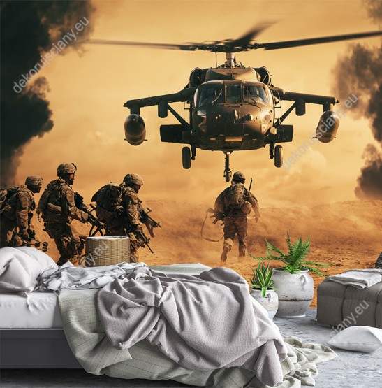 Wizualizacja fototapety o tematyce wojennej. Żołnierze biegną do helikoptera na polu bitwy. Fototapeta do pokoju młodzieżowego, salonu, sypialni, biura, przedpokoju.
