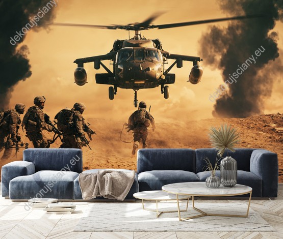 Wizualizacja fototapety o tematyce wojennej. Żołnierze biegną do helikoptera na polu bitwy. Fototapeta do pokoju młodzieżowego, salonu, sypialni, biura, przedpokoju.