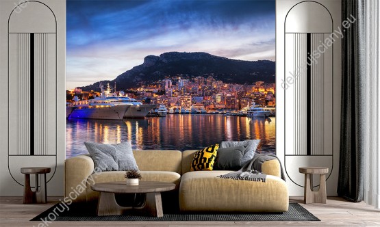 Wizualizacja fototapety z widokiem na piękne, kolorowa miasto o zachodzie słońca. Fototapeta do pokoju młodzieżowego, salonu, sypialni, pokoju dziennego, gabinetu, biura, przedpokoju.