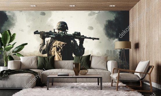 Wizualizacja fototapety o tematyce wojennej. Żołnierz z bronią zwrócony ku walką nad miastem. Fototapeta do salonu, sypialni, pokoju dziennego, gabinetu, biura, przedpokoju, jadalni.